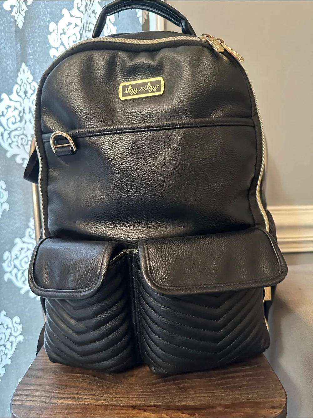 Itzy Ritzy Black Quilted Boss Backpack with Gold Hardware